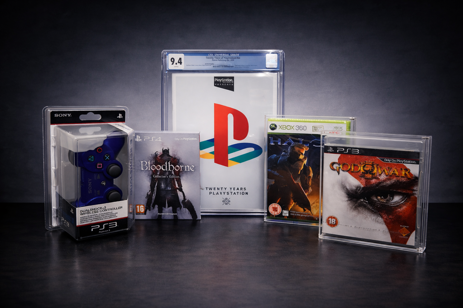Collection of sealed video games and on a dark surface